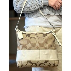 Coach Y2K 2009 Signature Stripe Canvas Hobo Bag Khaki Ivory GUC